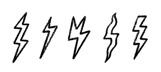 Crayon Lightning Bolt Vector Set. Chalk Scribble Blizzard Shapes Collection. Black on White Hand Drawn Brush Texture Drawing. Pencil Emphasis Elements Charcoal Doodle Decorative Bundle