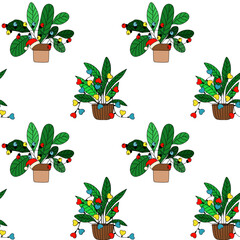 Vector seamless eco Christmas pattern with indoor plants, Santa hats and heart garlands. Modern cozy festive design for packaging, textiles and branding.