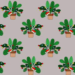 Festive eco Christmas pattern with green houseplants, Santa hats and heart lights. Modern cozy design for wrapping, packaging and lifestyle visuals.