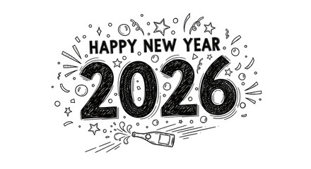 Fototapeta premium Happy New Year 2026 Greeting in Colorful Sketch and Hand Drawn Style