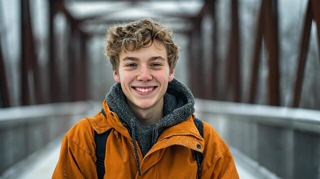Caucasian teenager man in winter jacket walking to camera on the walking bridge 