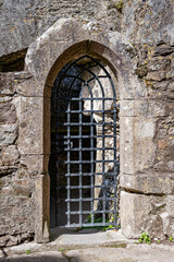 Gothic door with iron lattice. Elements of architecture of buildings, doors and arches, texture of ancient doors and forged lattices.
