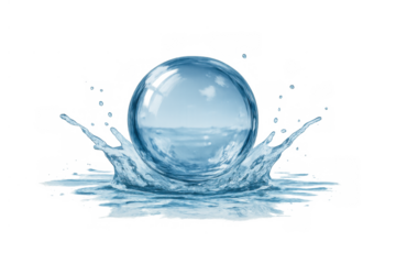 Water sphere splashing on a surface, forming droplets and ripples. Representing purity, freshness, hydration, and ecological themes