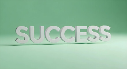 成功への道：ビジネスの成長と目標達成を象徴する3D「SUCCESS」テキスト、ミントグリーンの背景
