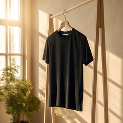 Contemporary Hanging Black T-Shirt Mockup – Lifestyle Apparel Mockup on Wood Hanger
