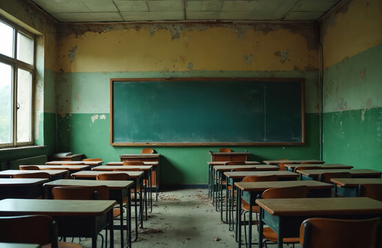 Desolate classroom interior. Abandoned school with desks, chairs in disrepair. Empty room evokes feelings of isolation, decay. Green blackboard is mounted on damaged wall. Sunlight shines thru window.