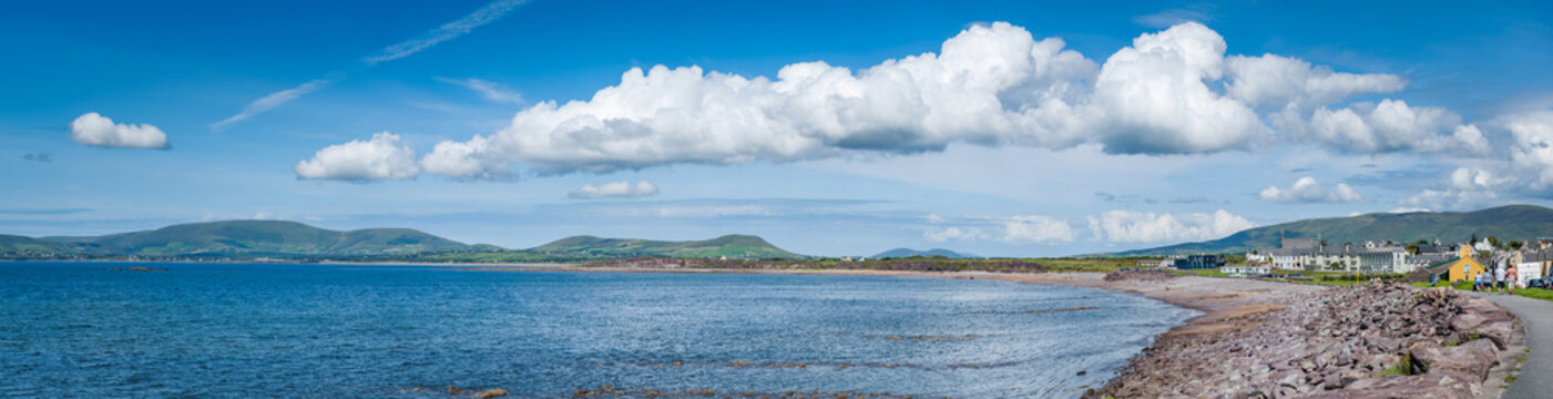 Waterville, a colorful village, on the Iveragh Peninsula, in County Kerry, Ireland. Panorama of Charlie Chaplin's Walk.