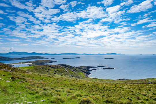 Irish seascape. View of Ballinskelligs bay and Scariff island in Ring of Kerry.