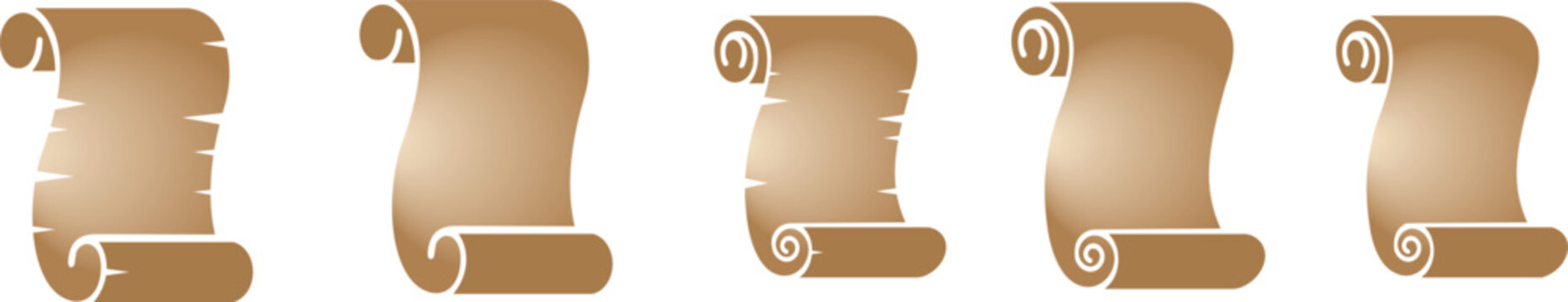 Old scroll paper icon set, antique parchment, vintage manuscript, and rolled document collection, ancient writing and medieval paper group in black flat, and gradient style vector illustration