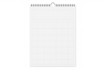 Blank wall calendar mockup featuring a spiral bind and hanging loop, displaying a grid template for planning and scheduling
