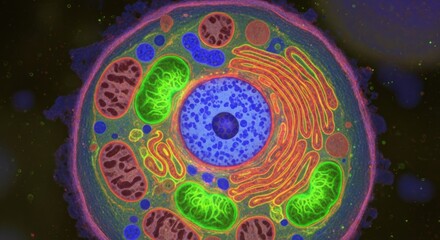 A colorful, detailed electron micrograph of a plant cell, showcasing organelles and cellular structures.