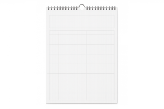 Blank wall calendar mockup featuring a spiral bind and hanging loop, displaying a grid template for planning and scheduling