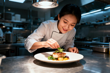 Smiling Asian female chef meticulously garnishes a gourmet dish with fresh herbs in a professional, brightly lit commercial kitchen, showcasing culinary artistry and attention to detail.