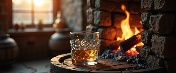 Dram of Scotch whisky in a crystal glass on barrel by the fireplace  