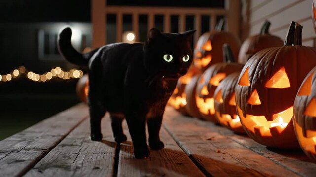 Spooky black cat with glowing green eyes walks past a row of lit jack o lanterns on a wooden porch at night with bokeh string lights