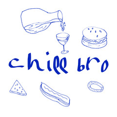 casual chill bro hand drawn vector set with food doodles