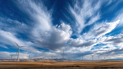 A field of wind turbines at sunrise, mountains in the background and soft golden light. Environment and green energy concept, demonstrating sustainable business practices, renewable energy