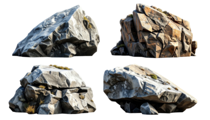 Four angular rock formations on a black backdrop show a mix of grey, brown, and textured surfaces