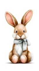Fototapeta premium Cute fluffy rabbit wearing a scarf on white background. Illustration.