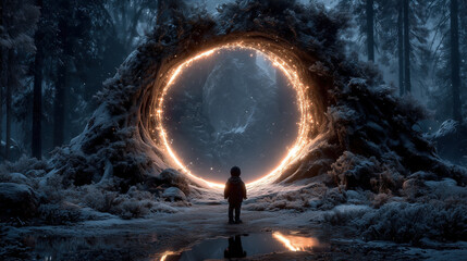 Obraz premium At dusk, in a magical forest filled with wonder, a child stands captivated before an enchanting winter portal, filled with mystery and allure