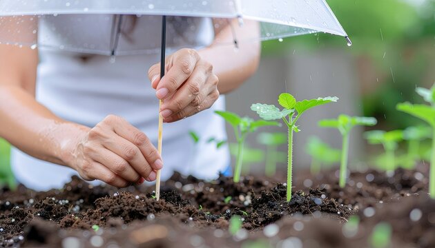 Caring hands protecting young plant seedlings with an umbrella in a garden.