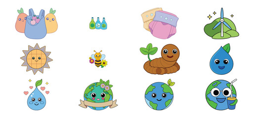 Obraz premium Cute pixel art environmental icons, vector illustration