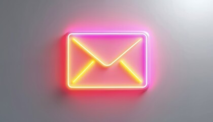 Bright neon email envelope sign glows on light gradient background. Digital communication symbol representing messaging and network connection. Modern trendy concept for business marketing.