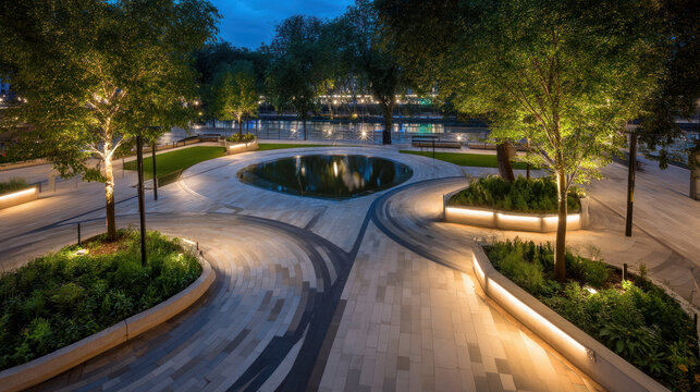 Sustainable city park with solar-powered lighting. Environment and green energy concept, demonstrating sustainable business practices, renewable energy