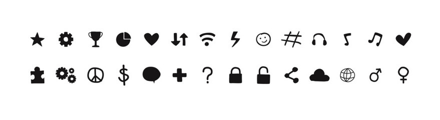 Solid Black Universal UI Icons Set. web icons set for mobile UI and web design.collection for user interface and UX. Navigation, multimedia, and settings, vector illustration.