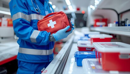 Paramedic in blue uniform holding a red first aid kit with a white cross inside an ambulance.
