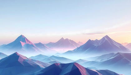 Serene Mountain Range Landscape with Fog and Pastel Colors.