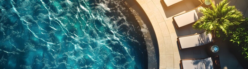 Obraz premium Breathtaking tropical paradise hotel pool with panoramic ocean view palm trees and luxurious sun loungers on the balcony deck Exotic serene and exclusive vacation destination