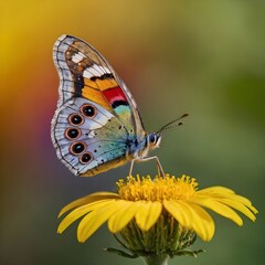 Obraz premium Macro Photo of Rainbow Butterfly on Yellow Flower — Colorful Wildlife Nature Detail Photography