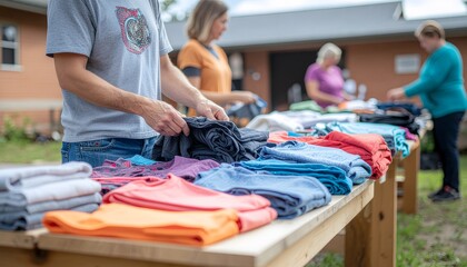 Volunteers sorting through colorful stacks of donated clothing at an outdoor charity event.