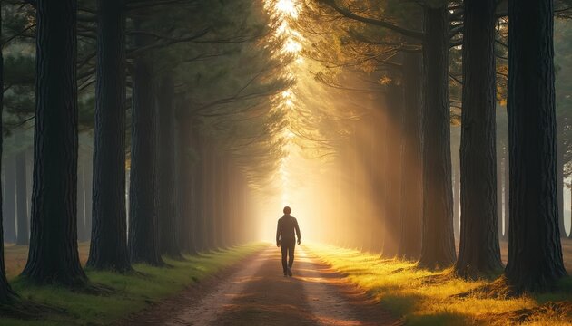 Lone person walks dirt road through tall pine forest. Sunlight streams creating long shadows. Serene nature scene, peaceful path in woods. Idyllic journey towards bright light.