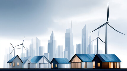 Solar and wind energy mix powering a suburban town. Environment and green energy concept, demonstrating sustainable business practices, renewable energy