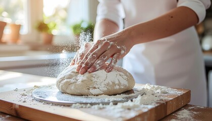 Womans hands kneading fresh bread dough on a floured wooden board in a sunlit kitchen.