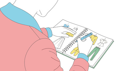 Fashion Designer Sketching Stylish Garments in a Notebook, Ideal for Illustrating Creative Design, Fashion Industry Concepts, or Artistic Expression