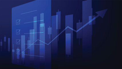 stock market chart with candlesticks and bar graph with checklist on blue background