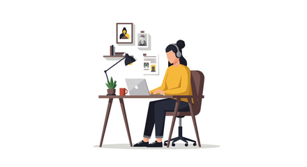 Woman Working Remotely at Desk with Laptop, Headphones, and Workspace Decor for Online Education, Freelancing, or Virtual Meetings