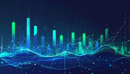 Abstract digital data visualization with green and blue graph elements