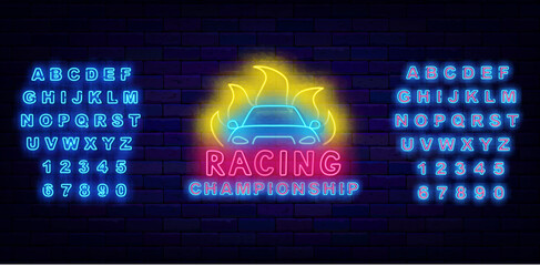 Racing championship neon label. Auto with fire icon. Car racing. Glowing blue and turquoise alphabet. Vector stock illustration