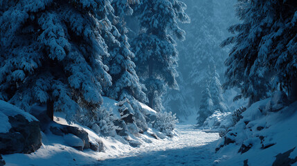 Mystical winter forest path illuminated by soft moonlight, creating a magical, serene atmosphere in a fantasy landscape