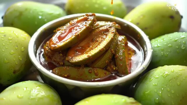 Mango pickle in bowl with raw green mangoes.