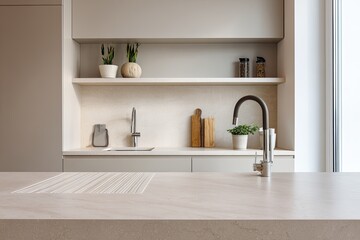 Fototapeta premium Modern kitchen counter area features integrated draining board and contemporary sink fixtures