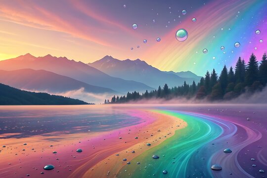 Vibrant rainbow path reflects across misty lake with majestic mountains and pine forest