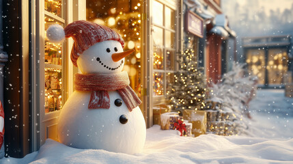 Snowman standing in winter snow with lights and decorations nearby  