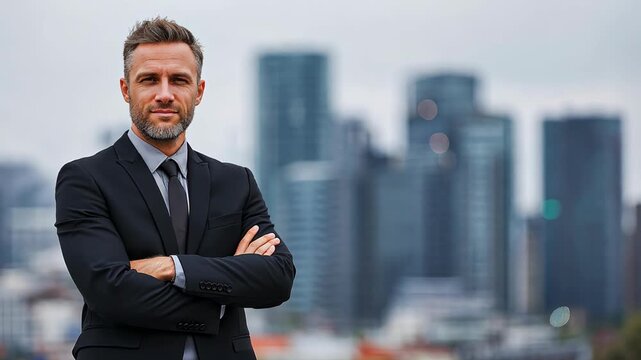 Caucasian businessman confident look at camera with modern high rise building as background 