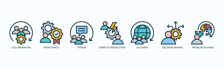 Effective Teamwork Icon Set Isolated Vector With Icon Of Collaboration, Proficiency, Forum, Conflict Resolution, Cultural, Decision Making, Problem Solving In Outline Color Style