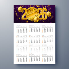 2026 Printable Calendar Design Template with Number Symbol and Whole Annual Monthly Typography on White Background for New Year. Schedule Planner Illustration for Wall Poster, Card Calendar